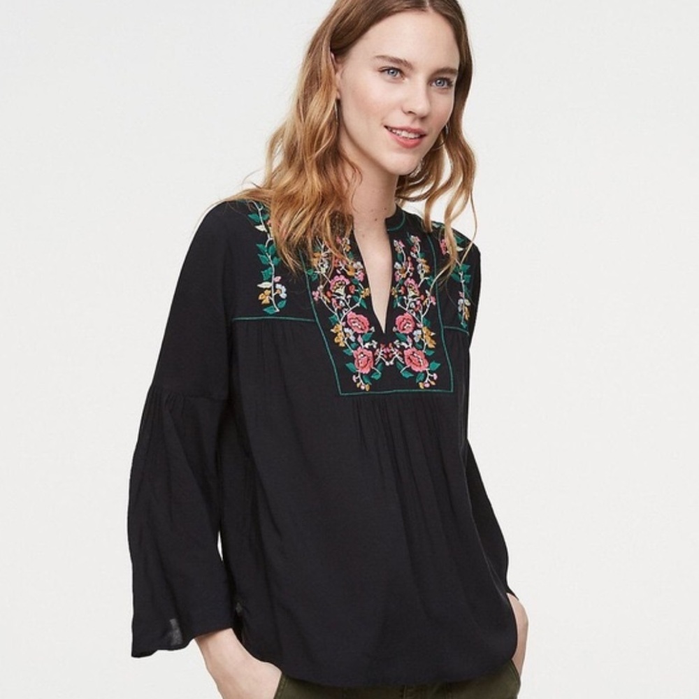 LOFT size small Black Blouse with Floral Embroidery Folk Embroidered Bell Sleeve